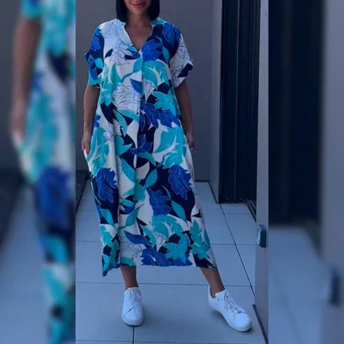Lange Dames Kaftan Jurk met Vrolijke Print en Luchtige Pasvorm