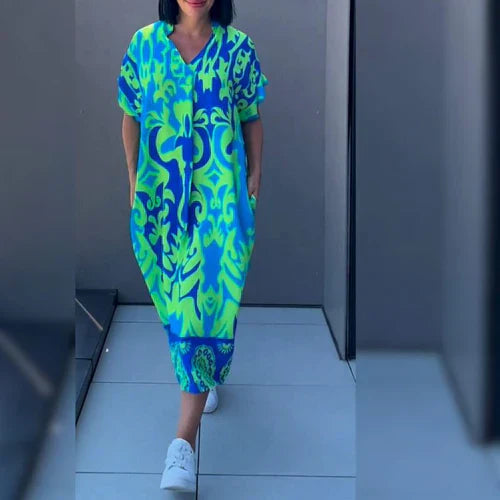 Lange Dames Kaftan Jurk met Vrolijke Print en Luchtige Pasvorm