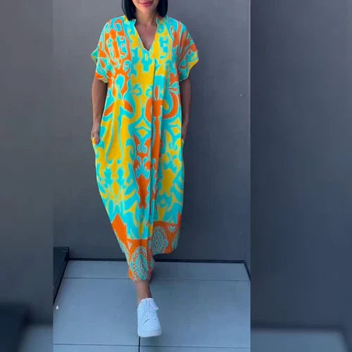 Lange Dames Kaftan Jurk met Vrolijke Print en Luchtige Pasvorm