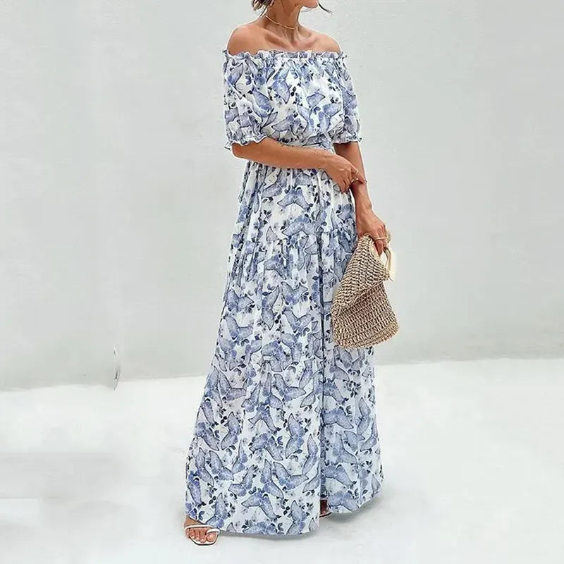 Lange Off-Shoulder Zomerjurk met Bloemenprint en Elegante Pasvorm