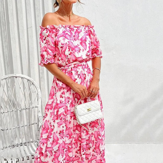 Lange Off-Shoulder Zomerjurk met Bloemenprint en Elegante Pasvorm