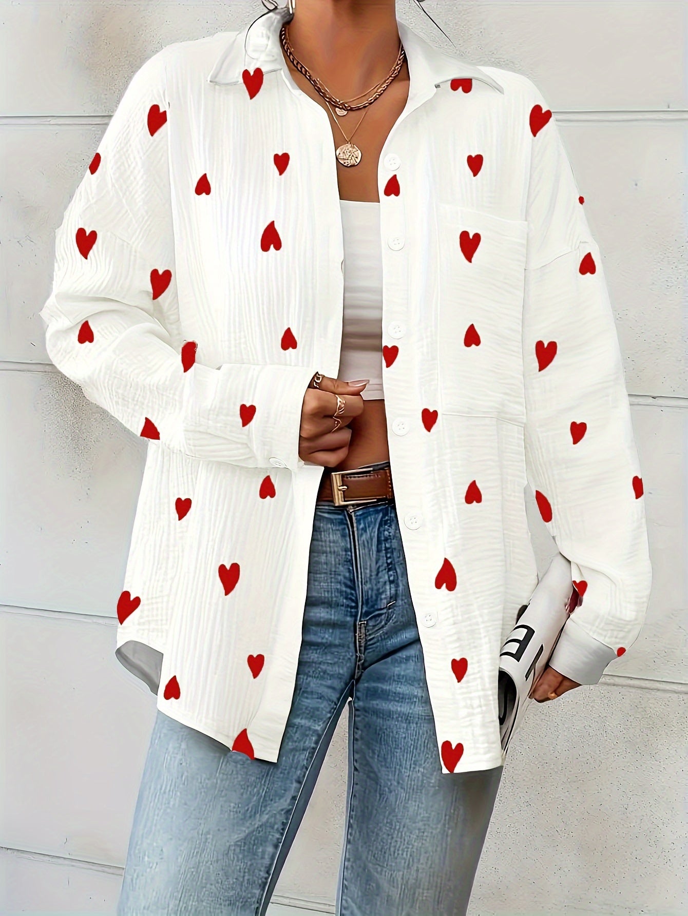 Katoenen Damesoverhemd met Hartjesprint en Lange Mouwen