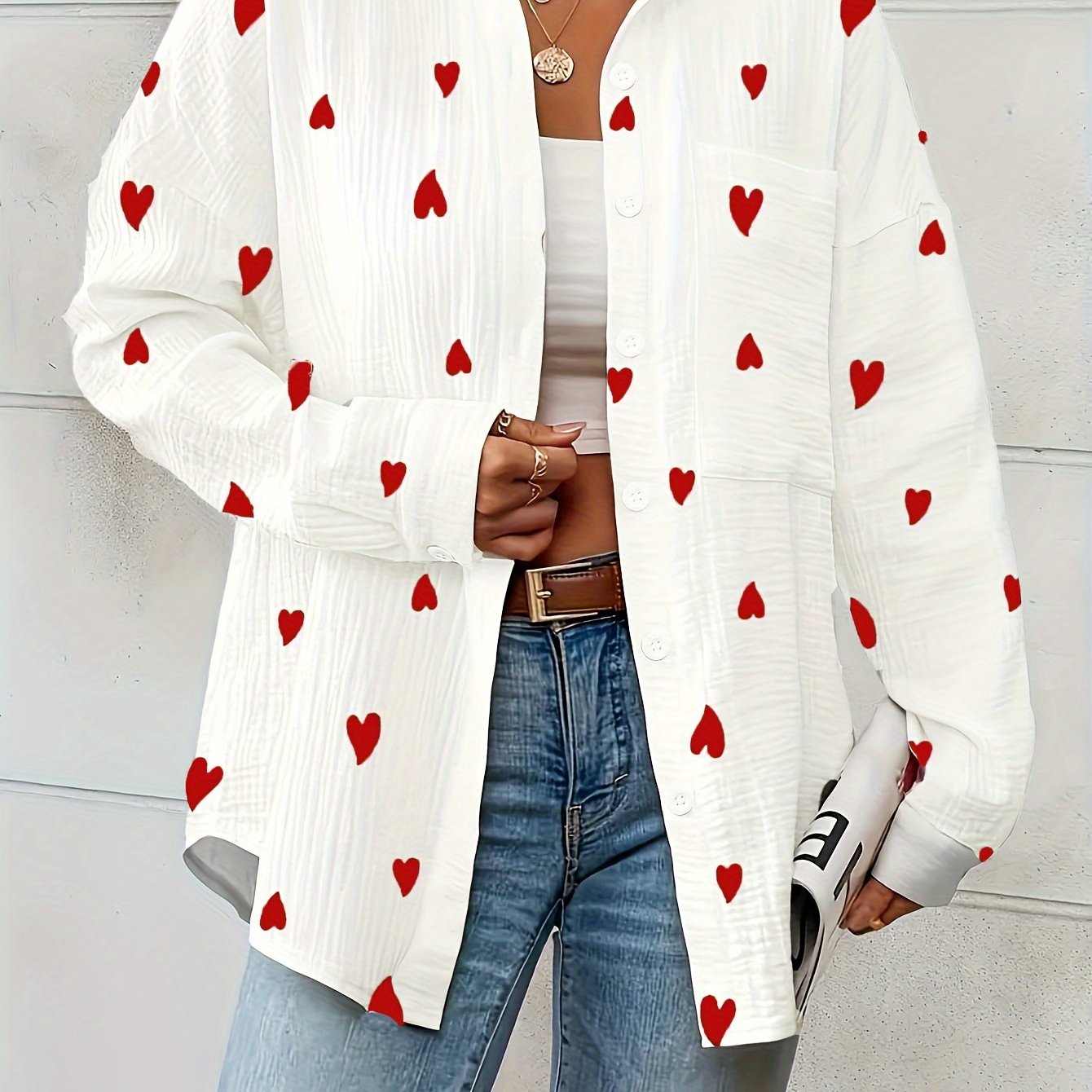 Katoenen Damesoverhemd met Hartjesprint en Lange Mouwen