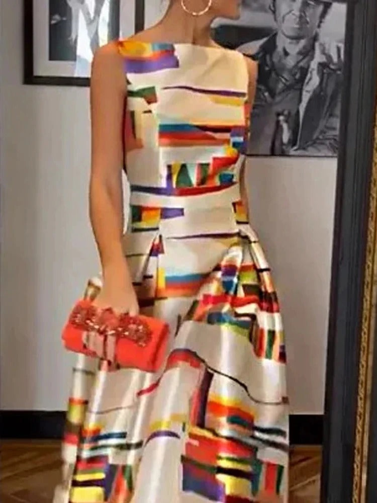 Elegante Mouwloze Avondjurk met Grafische Print en Verhoogde Taillelijn