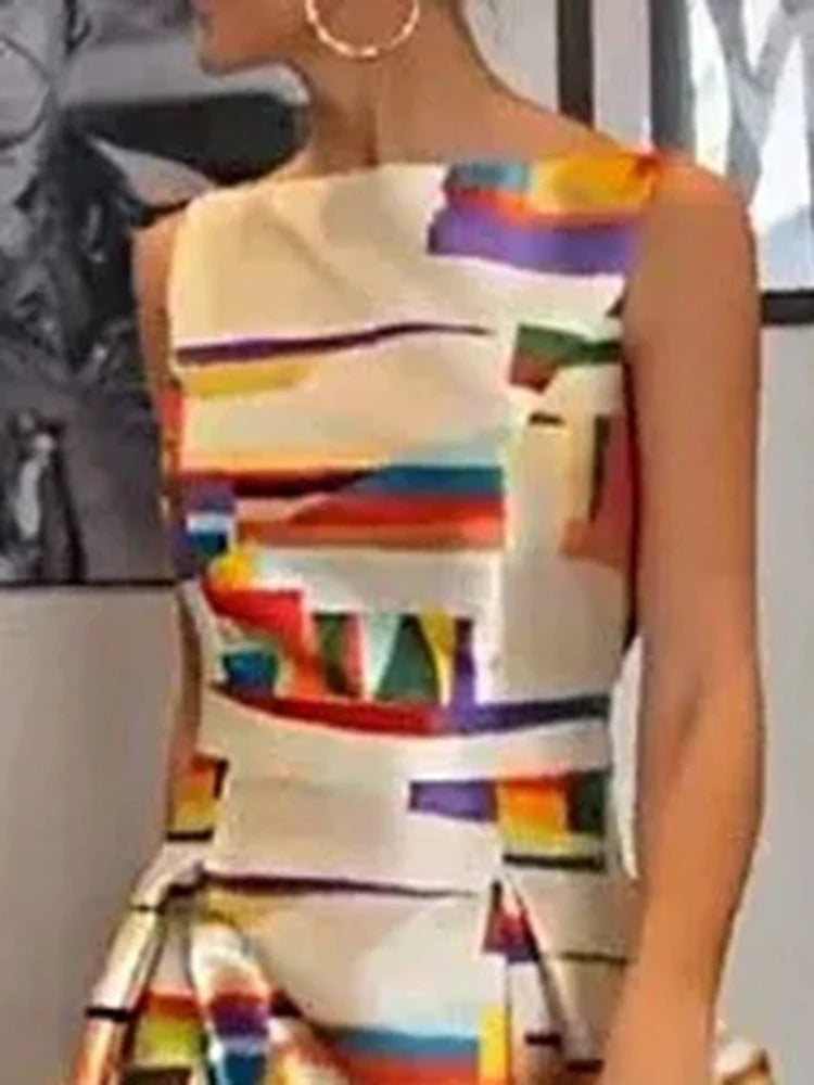 Elegante Mouwloze Avondjurk met Grafische Print en Verhoogde Taillelijn