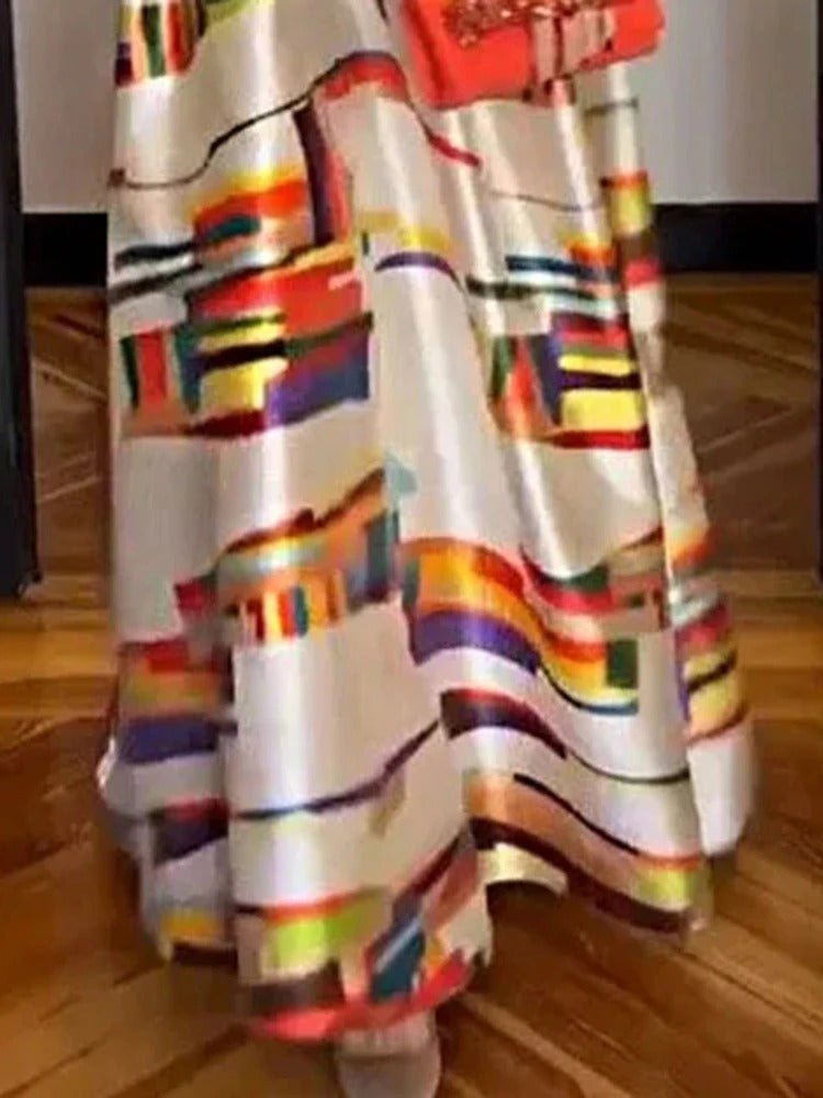 Elegante Mouwloze Avondjurk met Grafische Print en Verhoogde Taillelijn