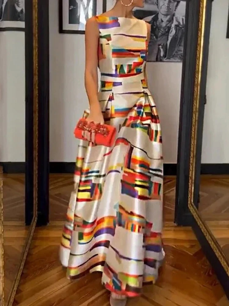 Elegante Mouwloze Avondjurk met Grafische Print en Verhoogde Taillelijn