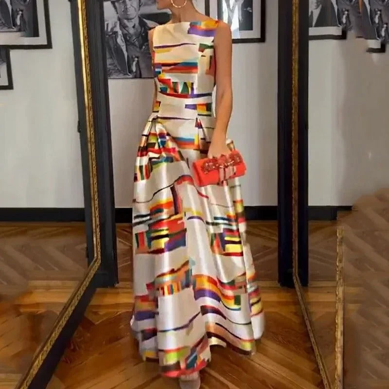 Elegante Mouwloze Avondjurk met Grafische Print en Verhoogde Taillelijn