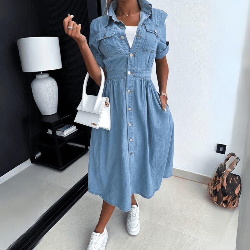 Stijlvolle Denim Midi Jurk met Knoopsluiting voor Dames