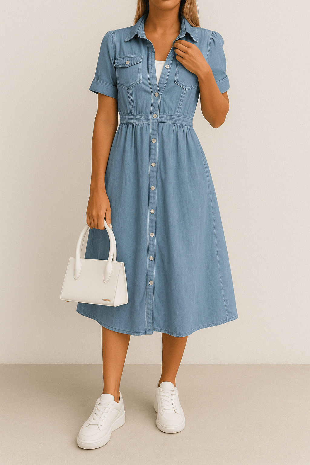 Stijlvolle Denim Midi Jurk met Knoopsluiting voor Dames