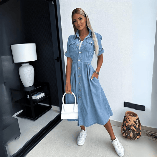 Stijlvolle Denim Midi Jurk met Knoopsluiting voor Dames