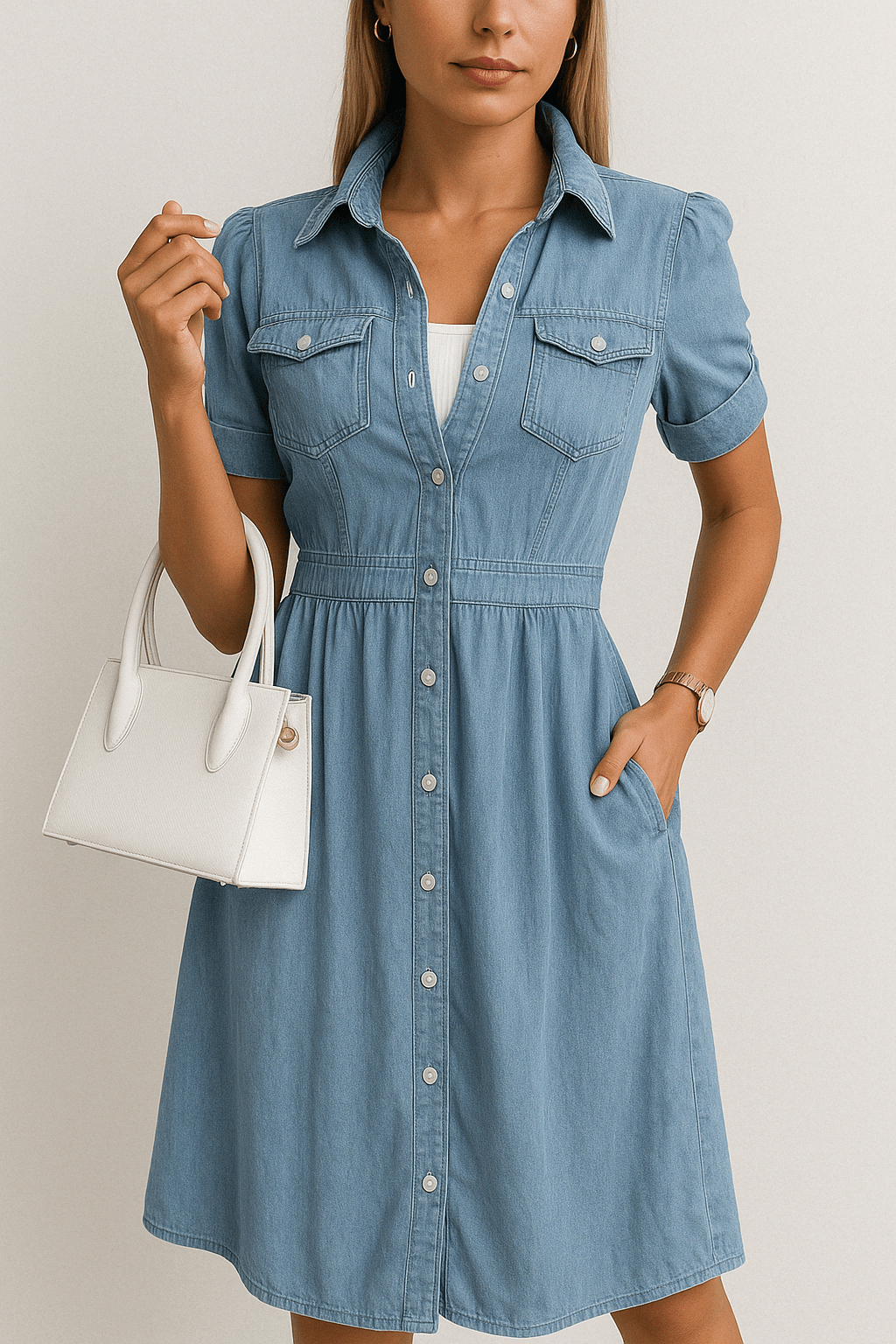 Stijlvolle Denim Midi Jurk met Knoopsluiting voor Dames