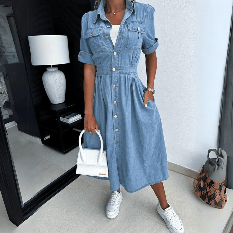 Stijlvolle Denim Midi Jurk met Knoopsluiting voor Dames