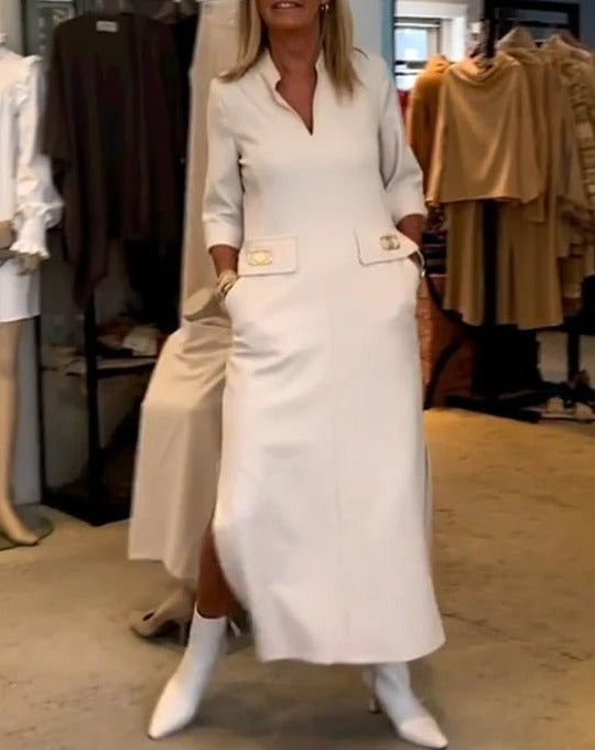 Elegante Midi Jurk met Split – Minimalistisch en Vrouwelijk Design