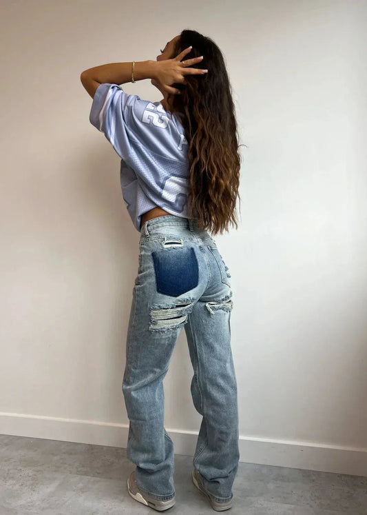 Vintage Straight Jeans met Geverfde Ripped Details voor Dames
